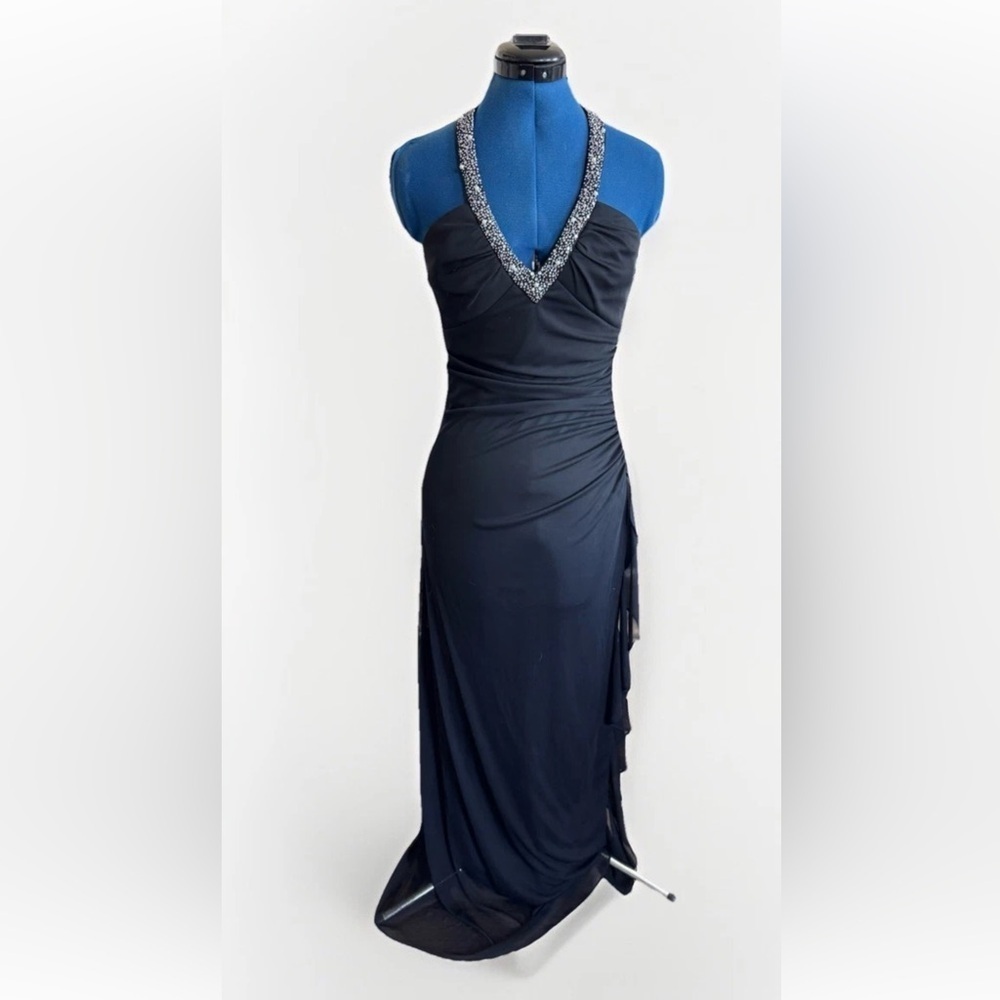 Vintage 90s Y2K Style Betsy & Adam by Linda Bernell Black Beaded Halter Dress 6